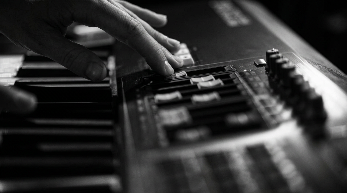 Mains jouant sur un clavier de synthétiseur, photographie en noir et blanc